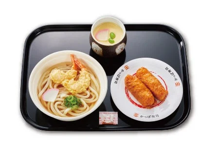 サクサクのえび天うどん、茶碗蒸し、いなり2個のセット