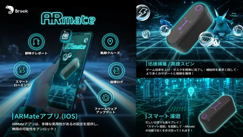 ARmateアプリの機能アイコンとスマート遊歴のイメージ