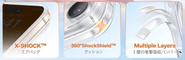 TORRAS Crystal Clear-MagのX-SHOCK保護構造、360°ShockShield、多層構造の図