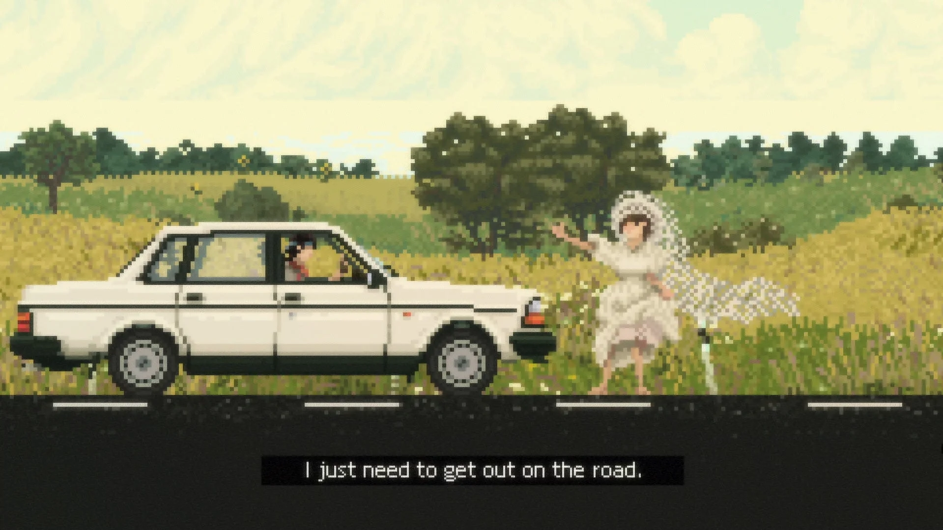 ピクセルアートで描かれた車とヒッチハイクをするウェディングドレスの女性