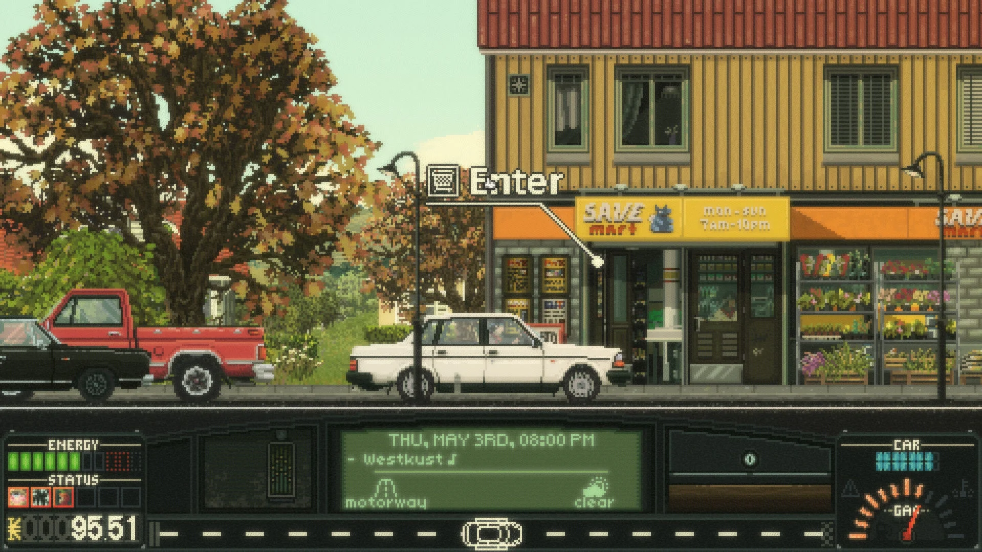 ゲーム画面に表示された街並みとUI、ガソリンスタンドのような建物
