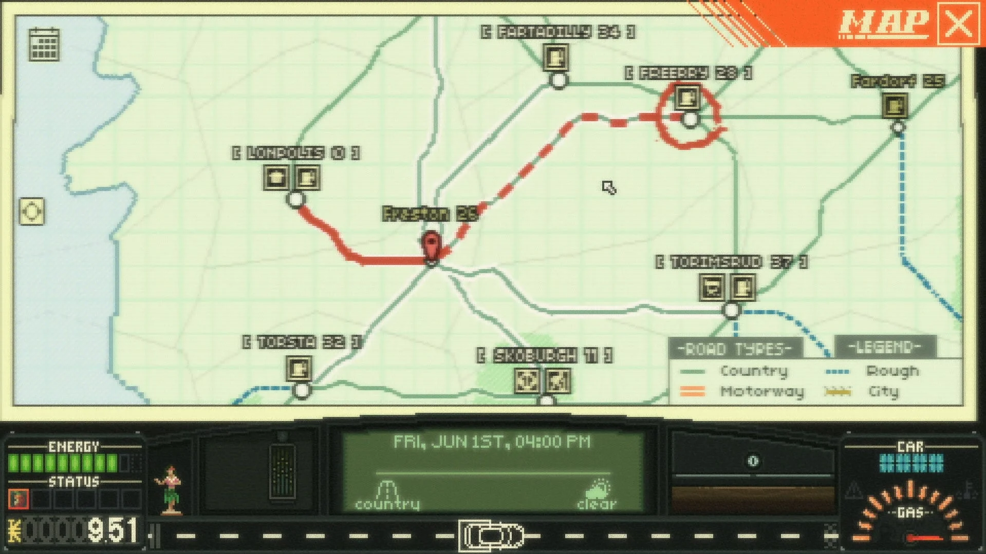 ゲーム内のマップ画面と、ルートが示されたUI