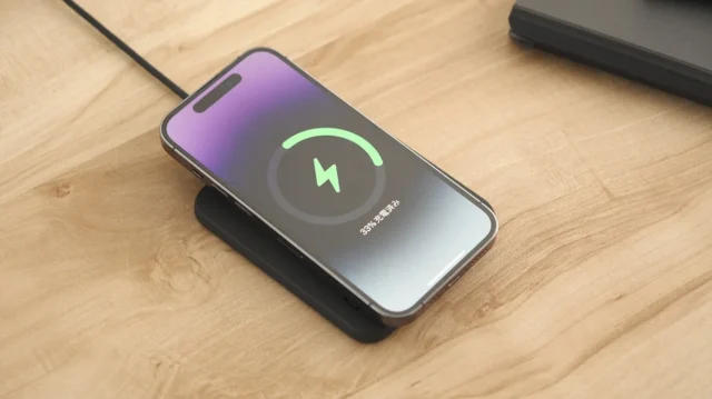 MugWarmerⅡの台座でiPhoneをQi2ワイヤレス充電している様子