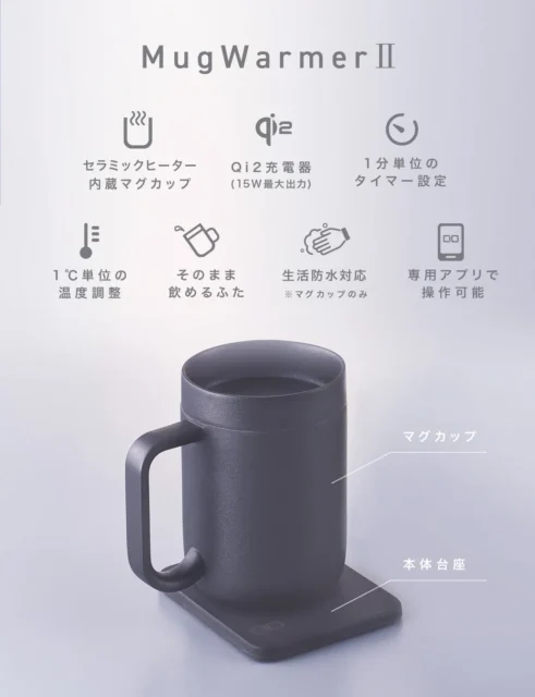 MugWarmerⅡの主要機能一覧と製品の構成図