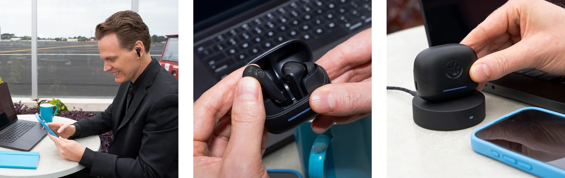 ノイズキャンセリングイヤホンJBuds Pods ANCの装着・製品・充電シーン