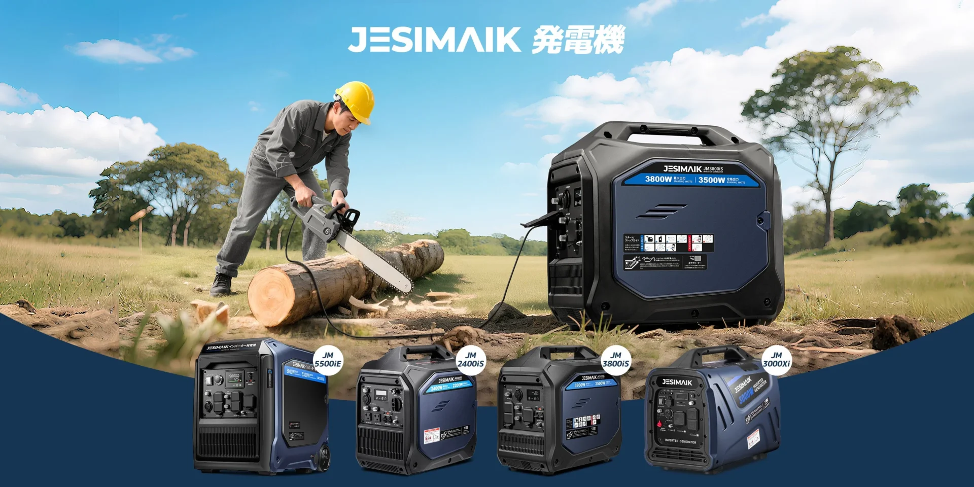 JESIMAIK発電機を使用する作業風景と製品ラインナップ