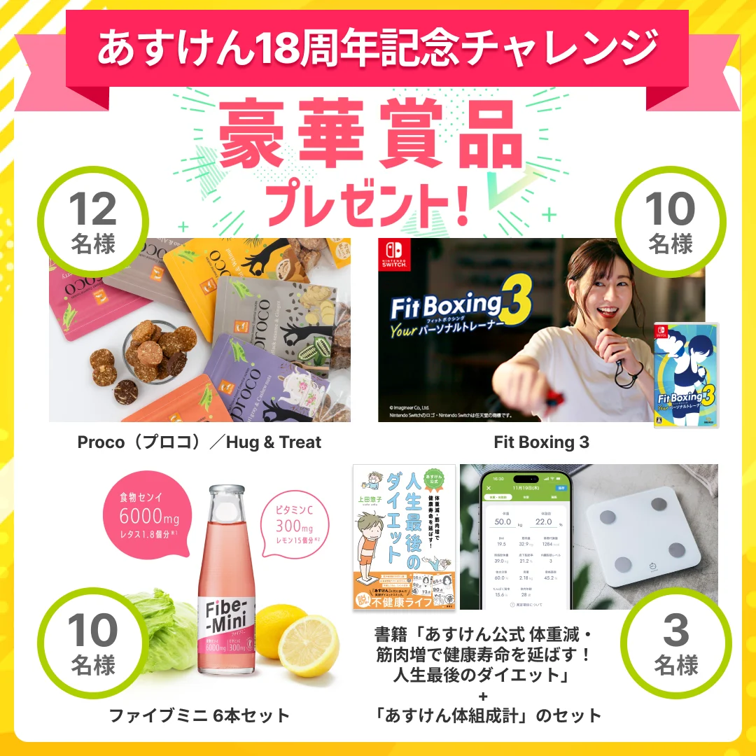 あすけん18周年記念「食事記録5日間チャレンジ」豪華賞品一覧
