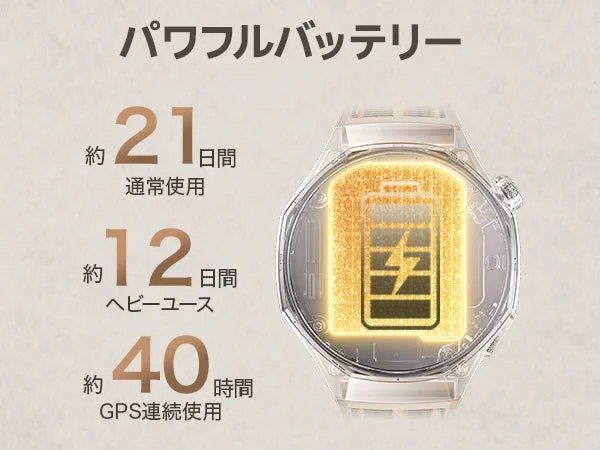 HUAWEI WATCH GT 6 Proのバッテリー性能、通常使用約21日間、ヘビーユース約12日間、GPS連続使用約40時間