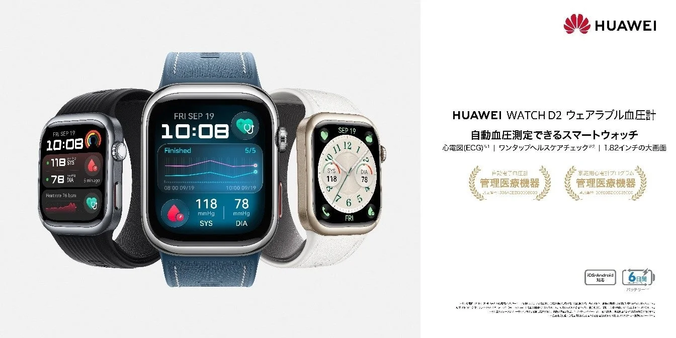 『HUAWEI WATCH D2 ウェアラブル血圧計』に新色ブルー登場！　リマインダー機能を拡充して10月14日より発売