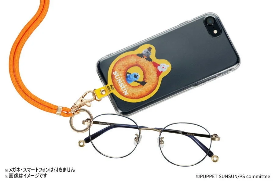 Zoffパペットスンスンコラボのマルチストラップのスマートフォン・メガネ使用例