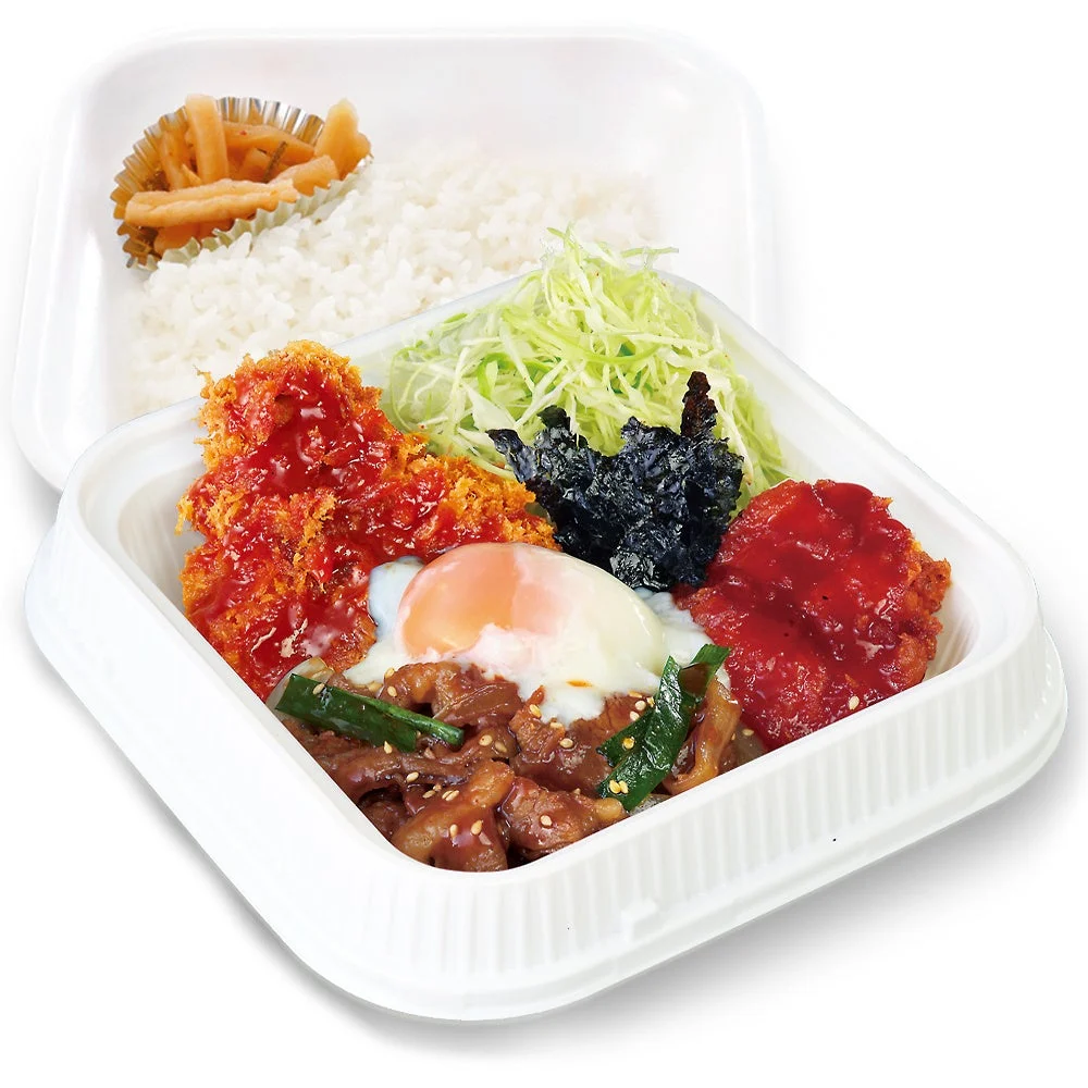 温玉が乗った牛豚鶏のプルコギビビンカツ弁当