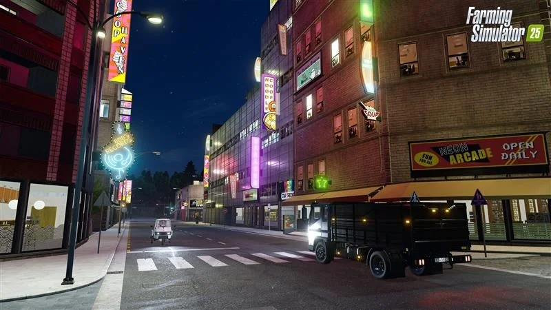 『ファーミングシミュレーター 25』の夜の街並み