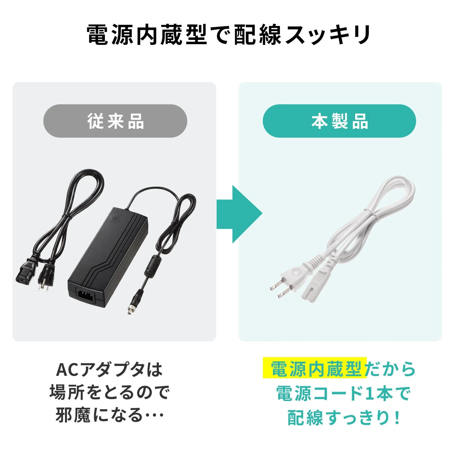 従来のACアダプタと電源内蔵型充電器の配線比較