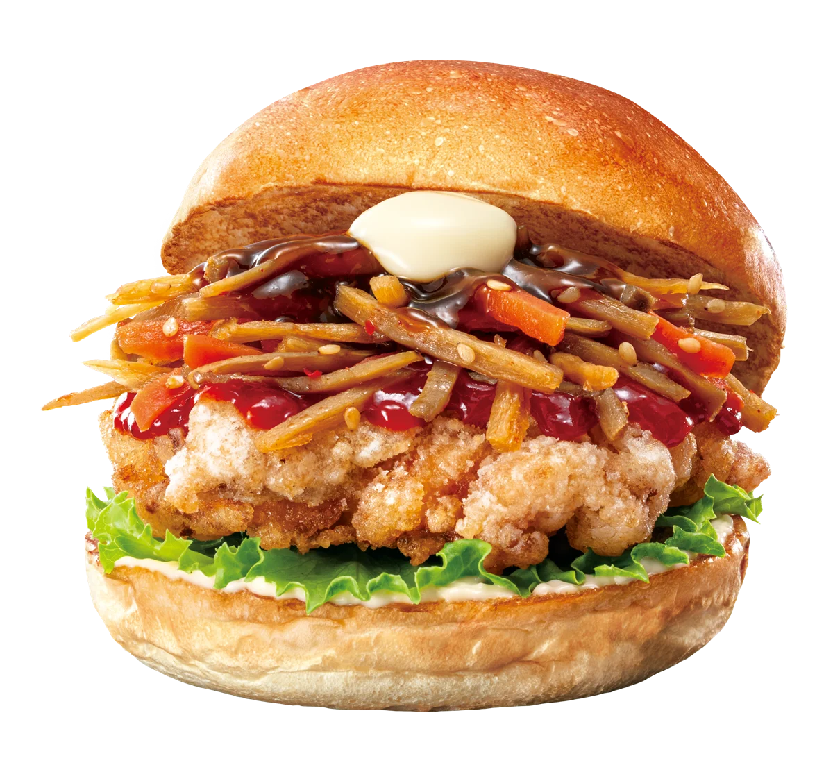特製旨辛ソースがかかったロッテリアの旨辛鶏ごぼうバーガー