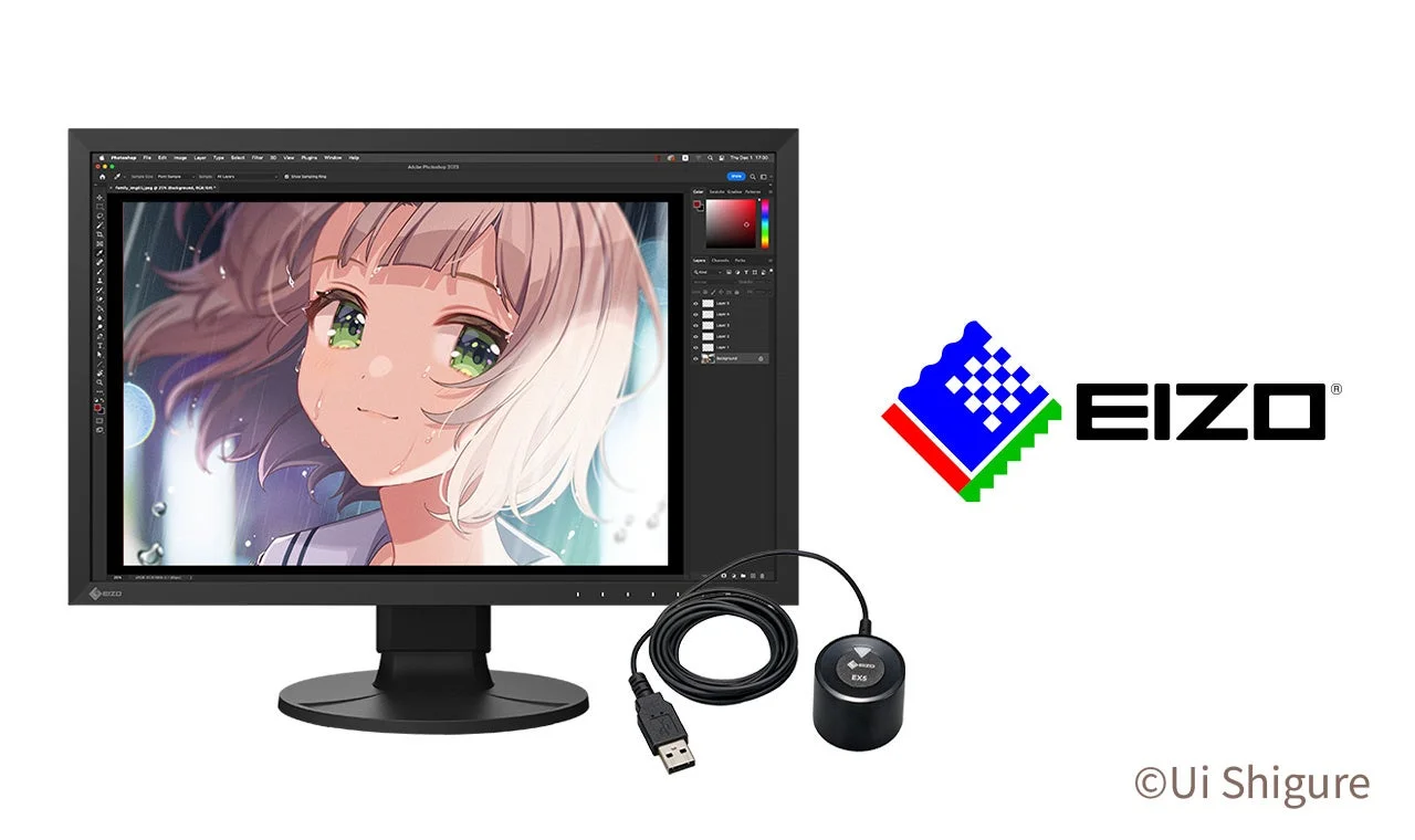 EIZO製クリエイター向けモニターColorEdge CS2400Rとキャリブレーションセンサー。