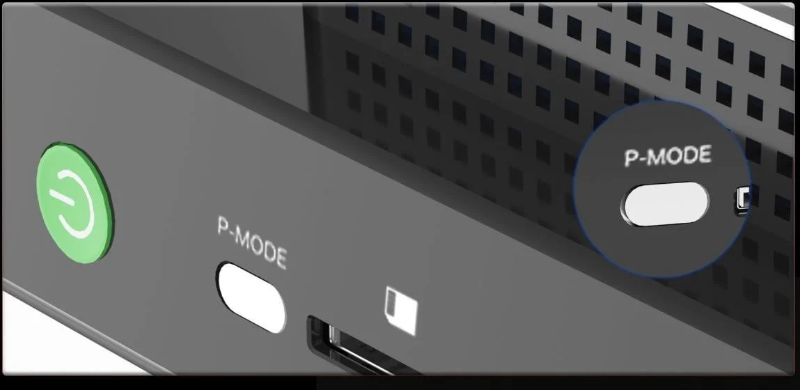 GMKtec EVO-X2ミニPCの静音・バランス・パフォーマンスモードを切り替えるP-MODEボタン
