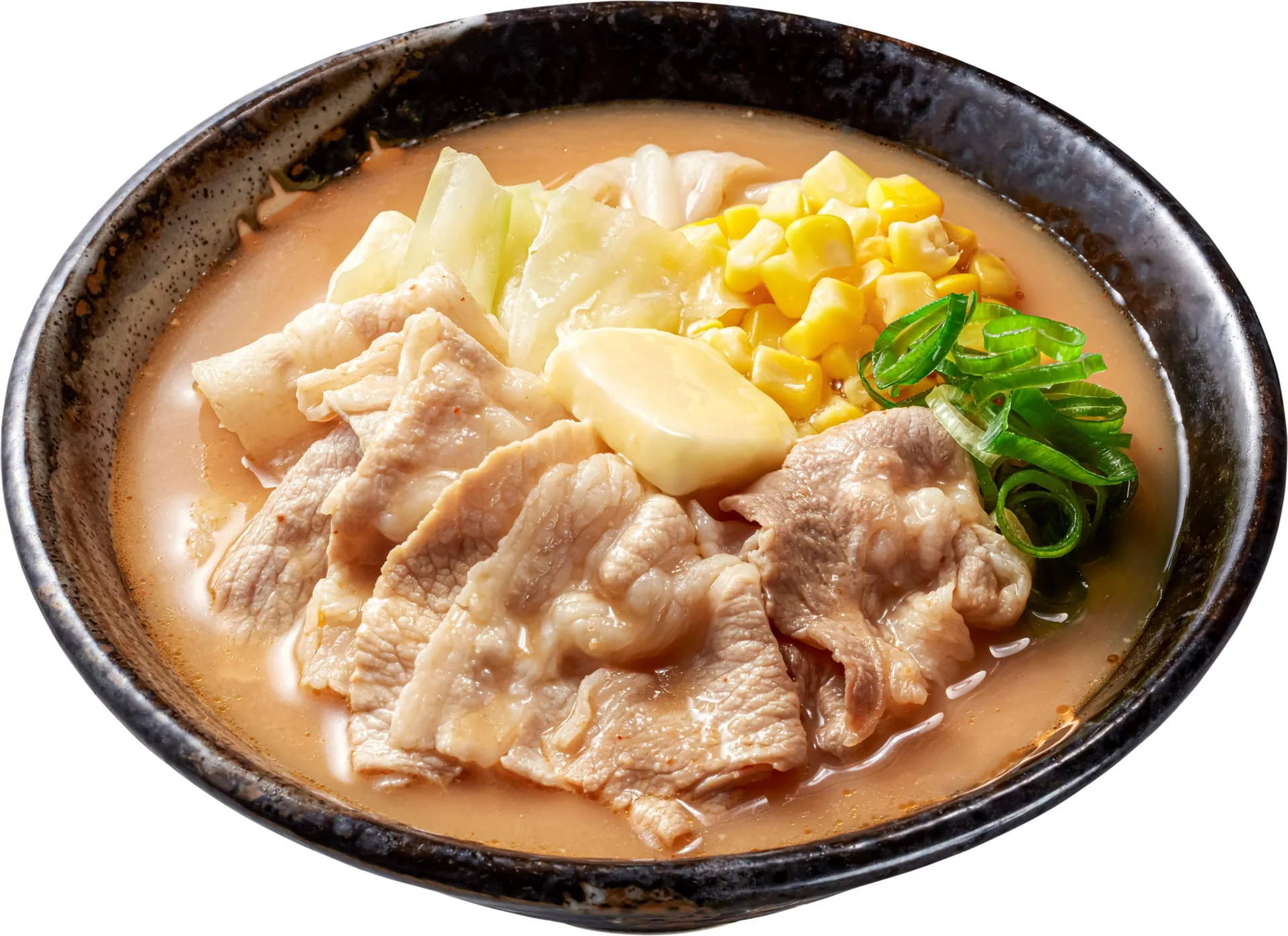 豚バラ肉が乗った豚肉味噌バターうどん
