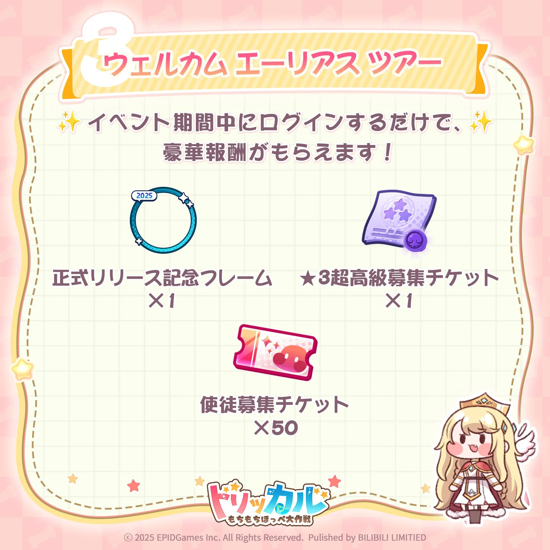 ログインで獲得できるウェルカムエーリアスツアーの報酬