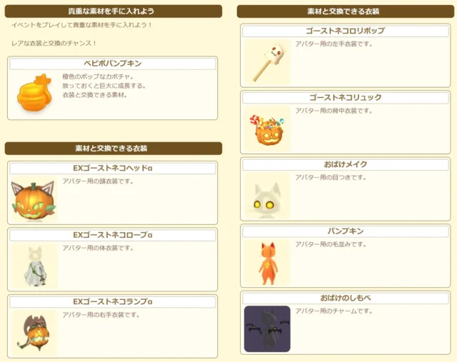 新イベント「みんなで秘境探索!<パンプキンパーティ>」のイベント報酬一覧