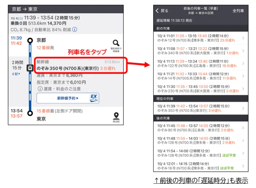 ジョルダン「乗換案内」が東海道・山陽新幹線とリアルタイム連携！　列車ごとの遅延時分を表示