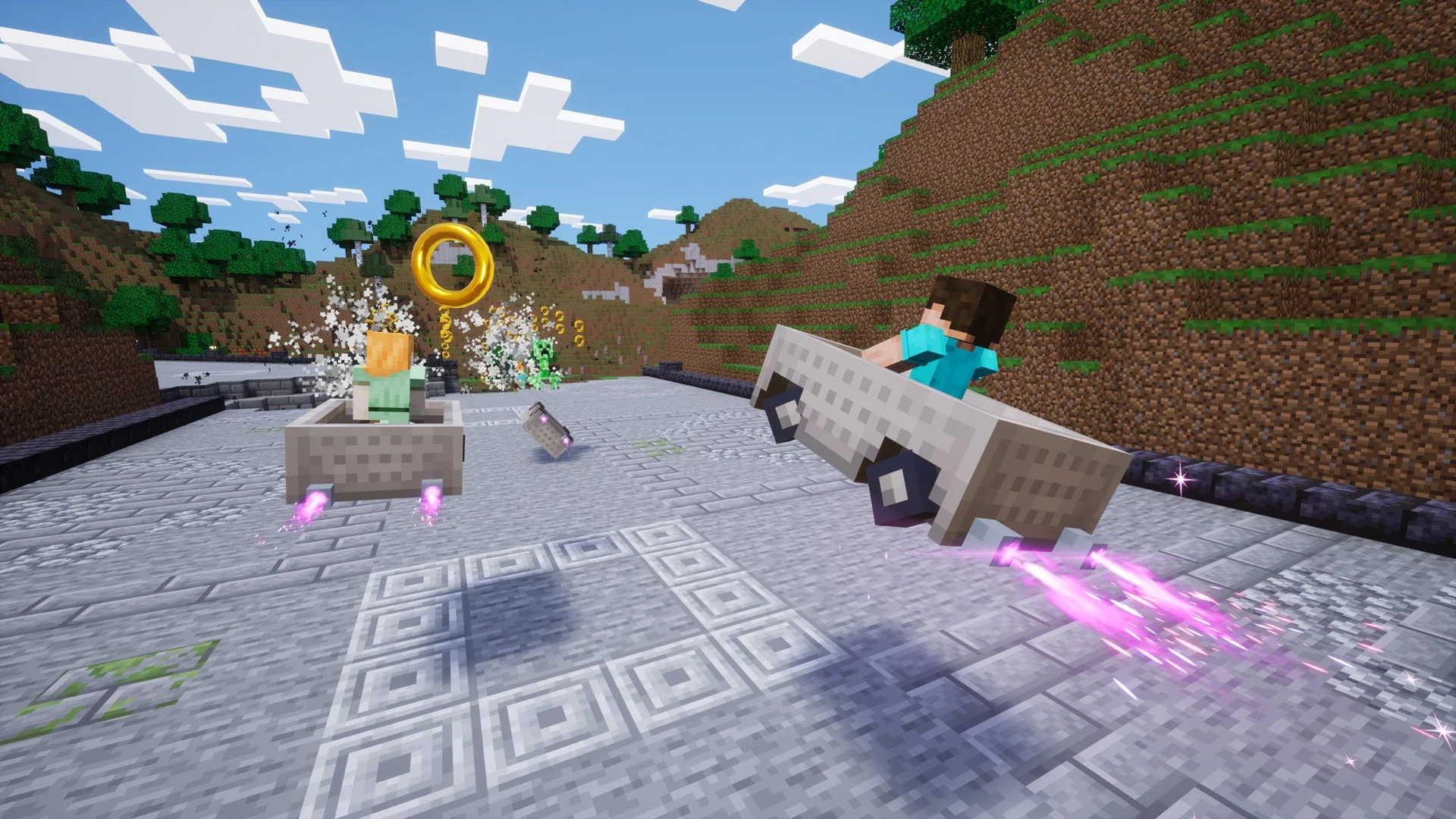 マインクラフト風のコースをマインカートで走るゲームプレイ画面
