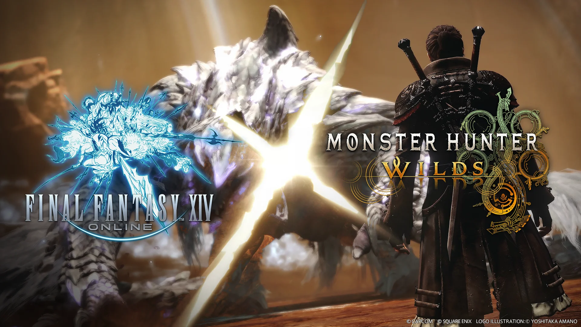 ファイナルファンタジーXIVとモンスターハンターワイルズのクロスオーバー告知画像