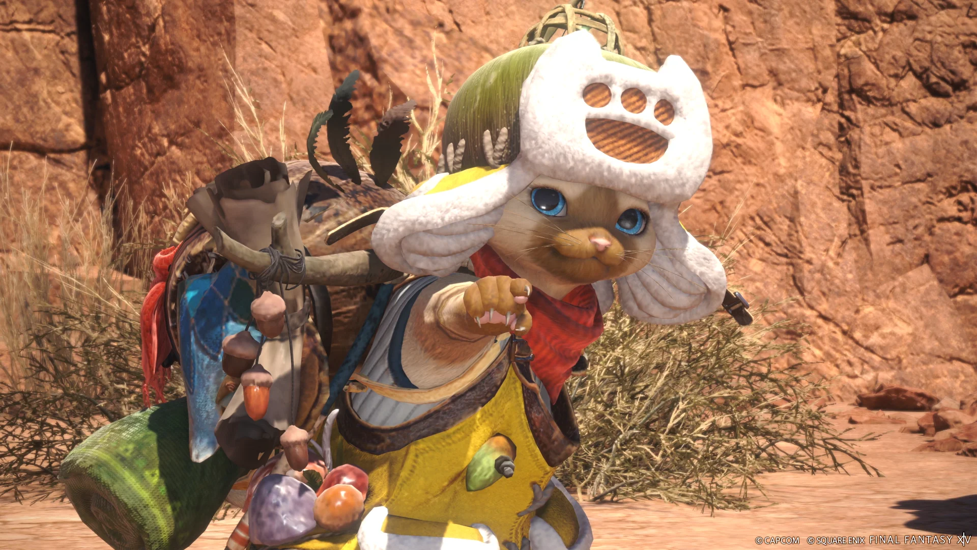 ファイナルファンタジーXIVとモンスターハンターワイルズのクロスオーバーコンテンツで登場するアイルー装備のキャラクター