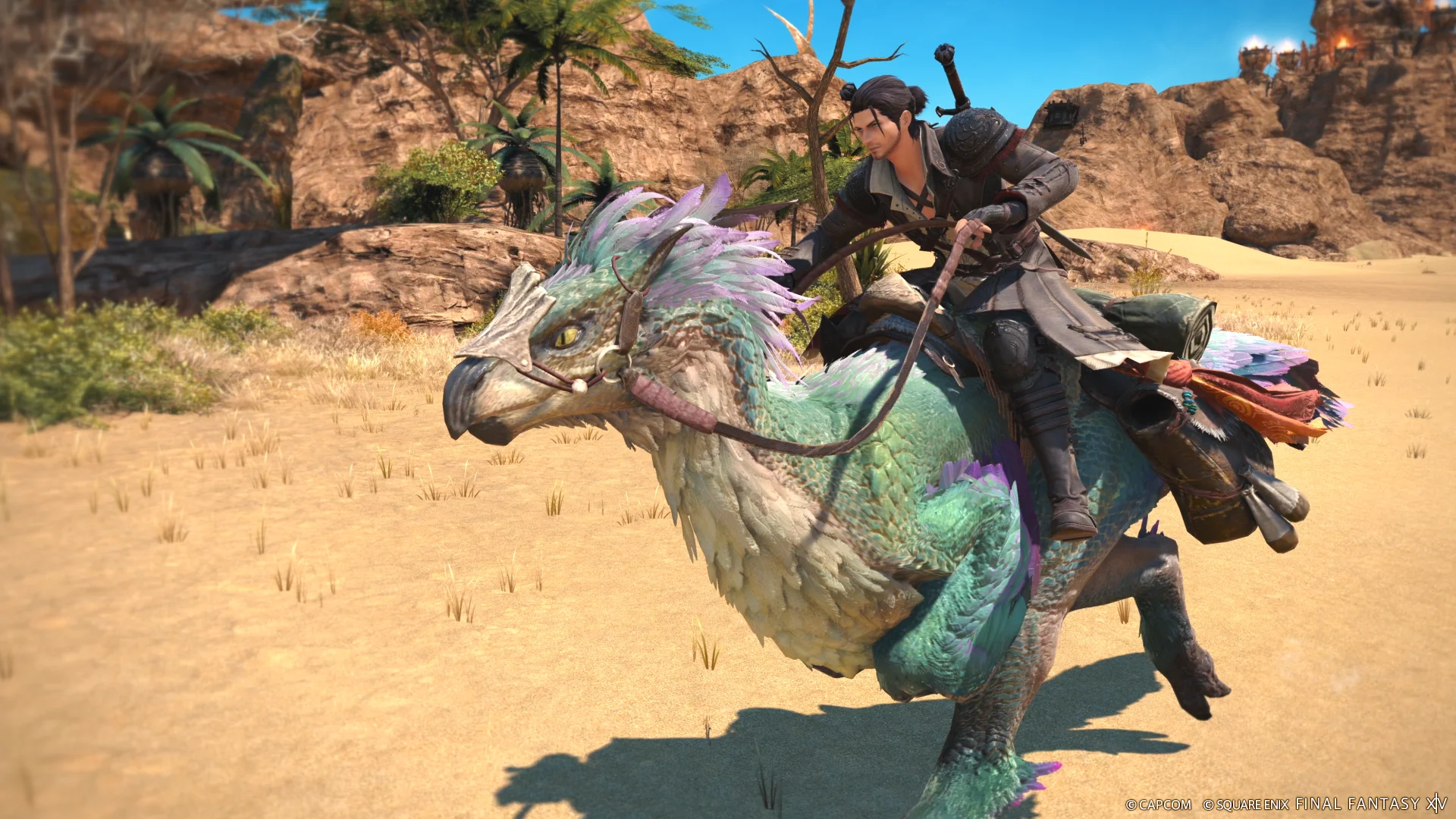 ファイナルファンタジーXIVとモンスターハンターワイルズのクロスオーバーコンテンツで登場する乗り物に乗ったキャラクター