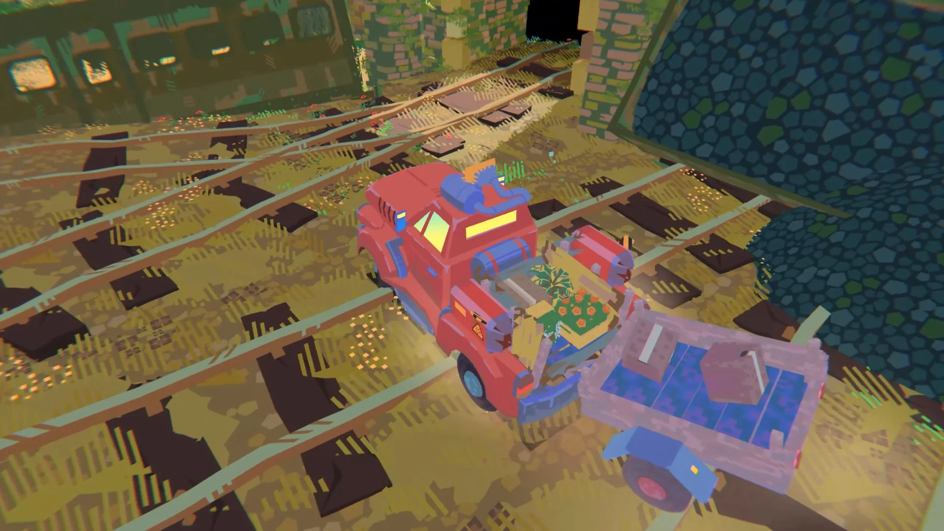 線路の上を走るトラックのゲーム画面