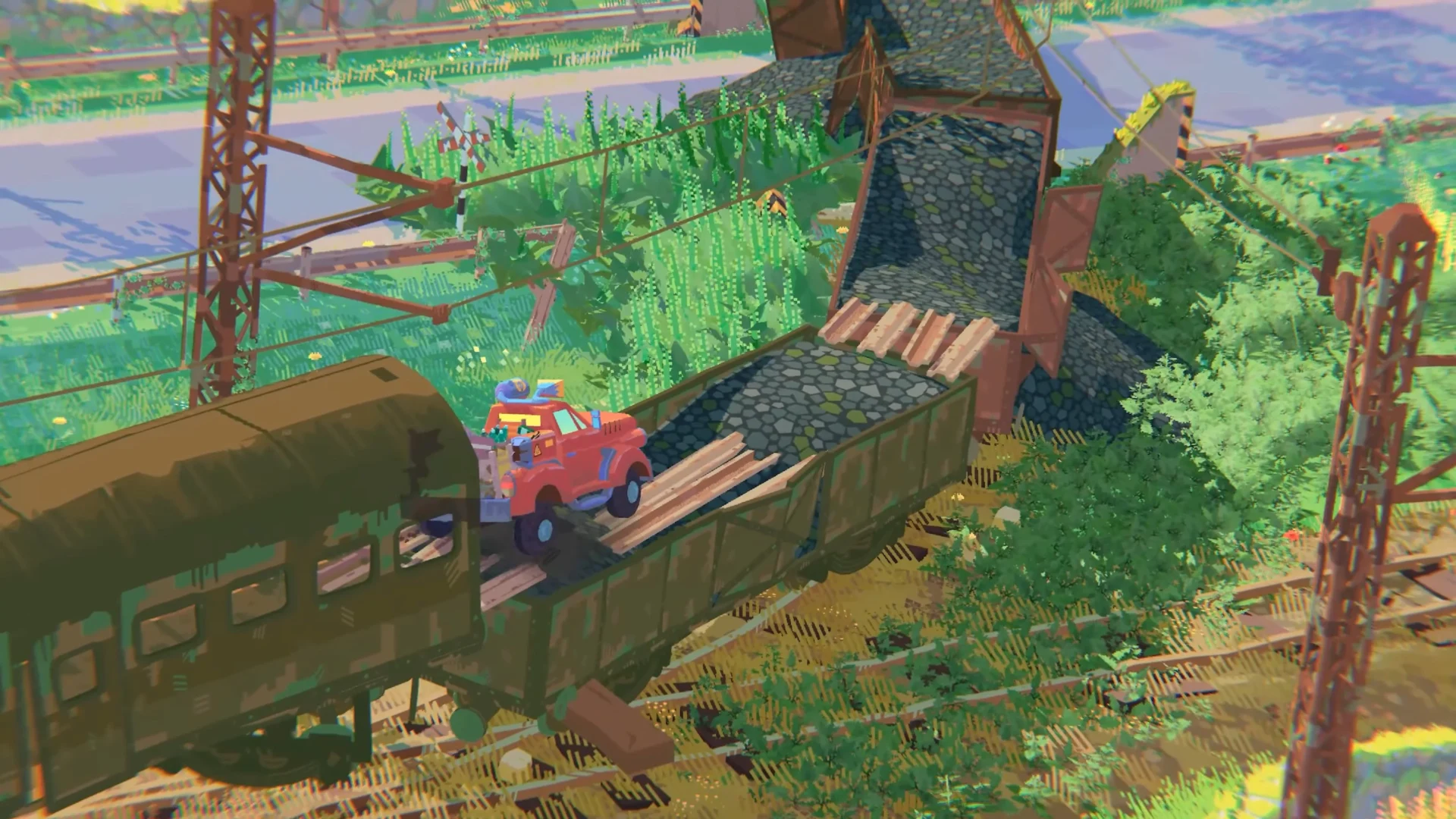 崩れかけた橋を渡るトラックのゲーム画面
