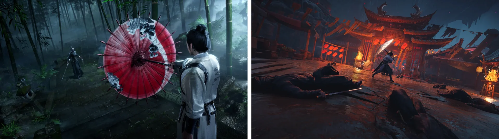 傘を構えるキャラクターと激しい戦闘シーンのゲーム画面
