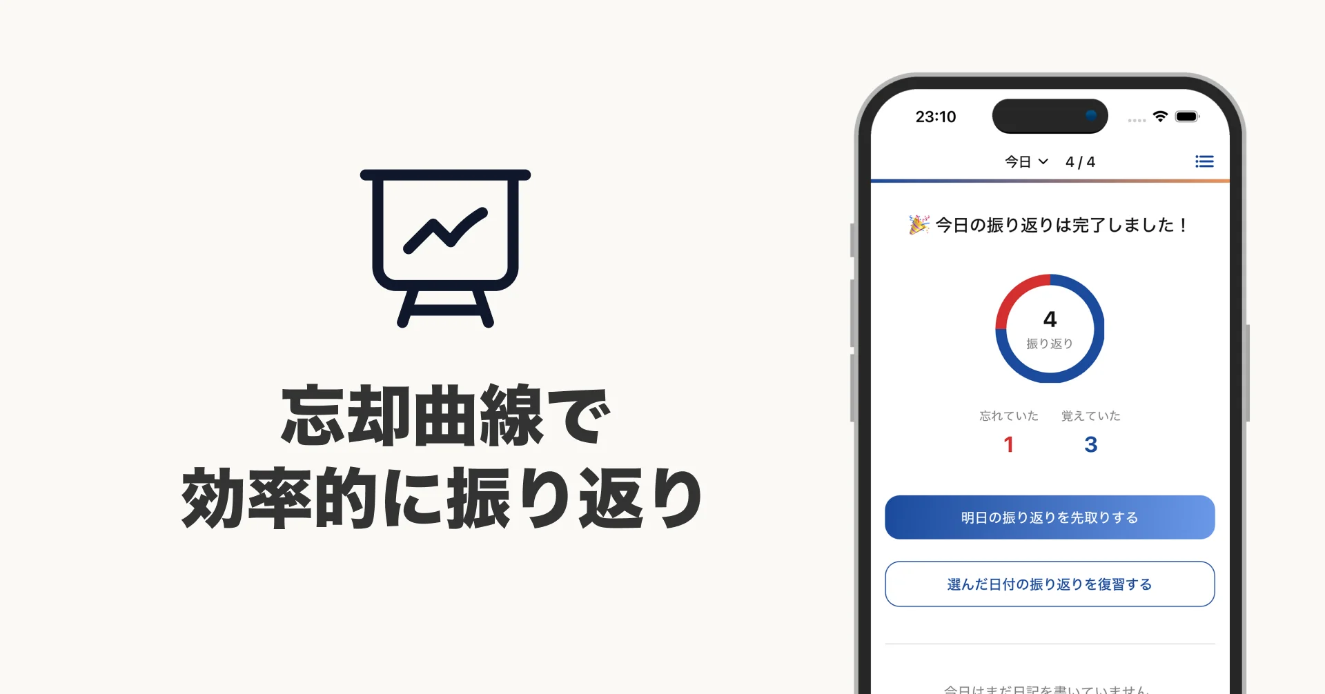 AI英語日記アプリ『ノコス』の忘却曲線に基づいた振り返り機能の画面