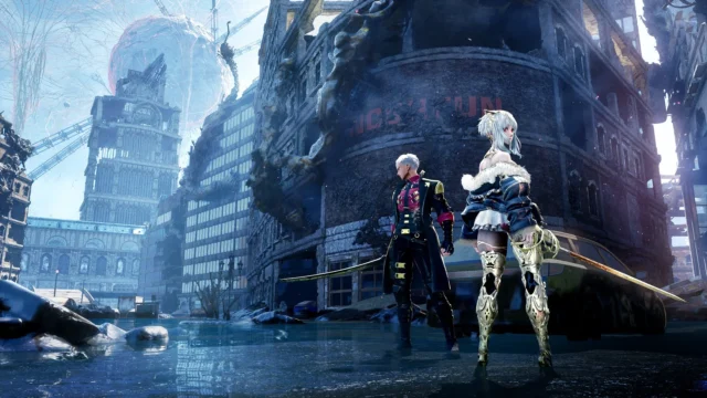 崩壊した都市を探索する主人公とバディのゲーム画面