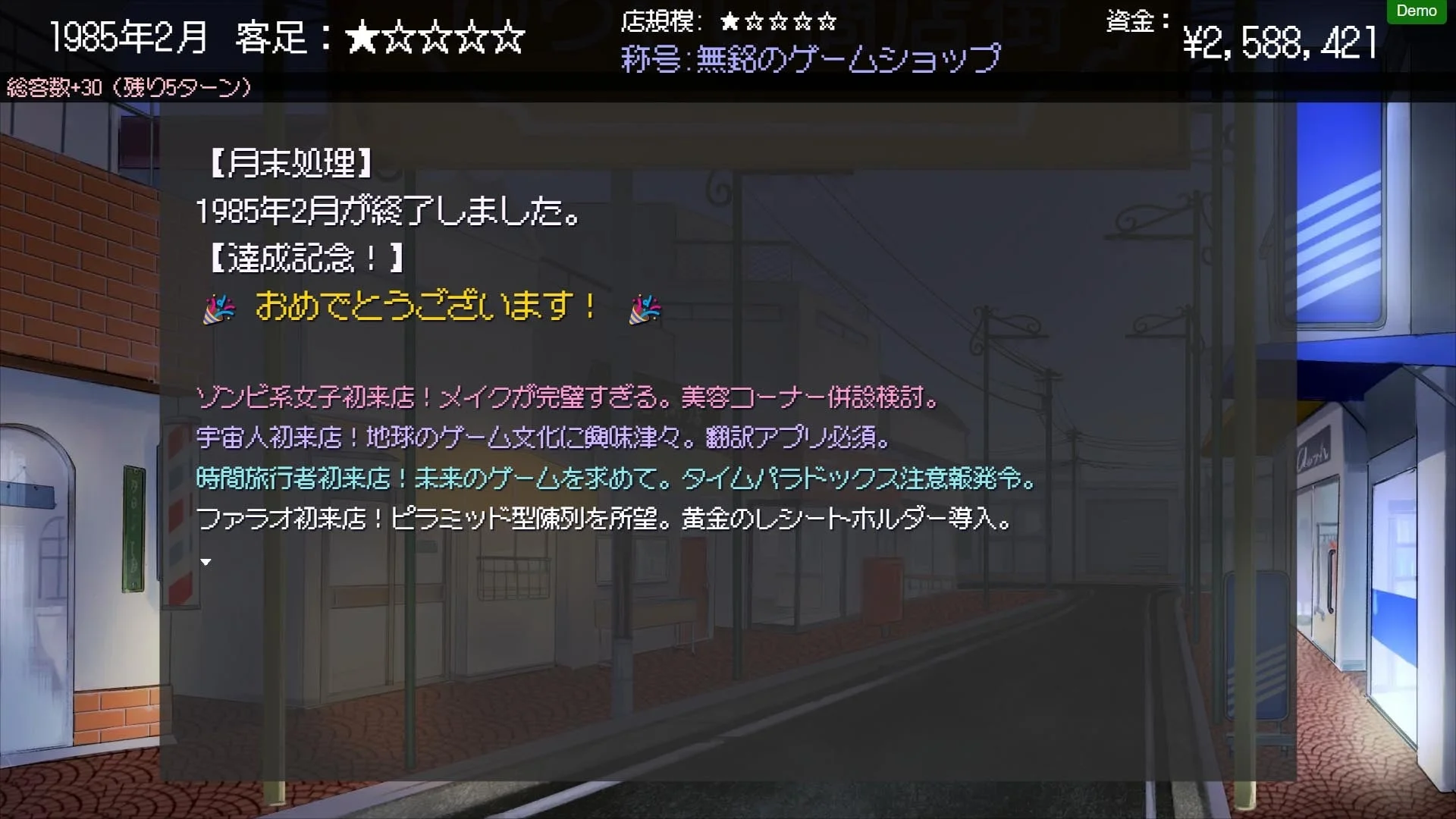 月次処理の結果と来店客情報が表示されるゲーム画面