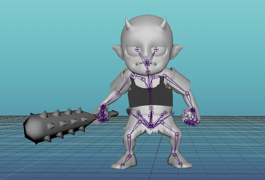 開発中の鬼のキャラクターモデルとリグ