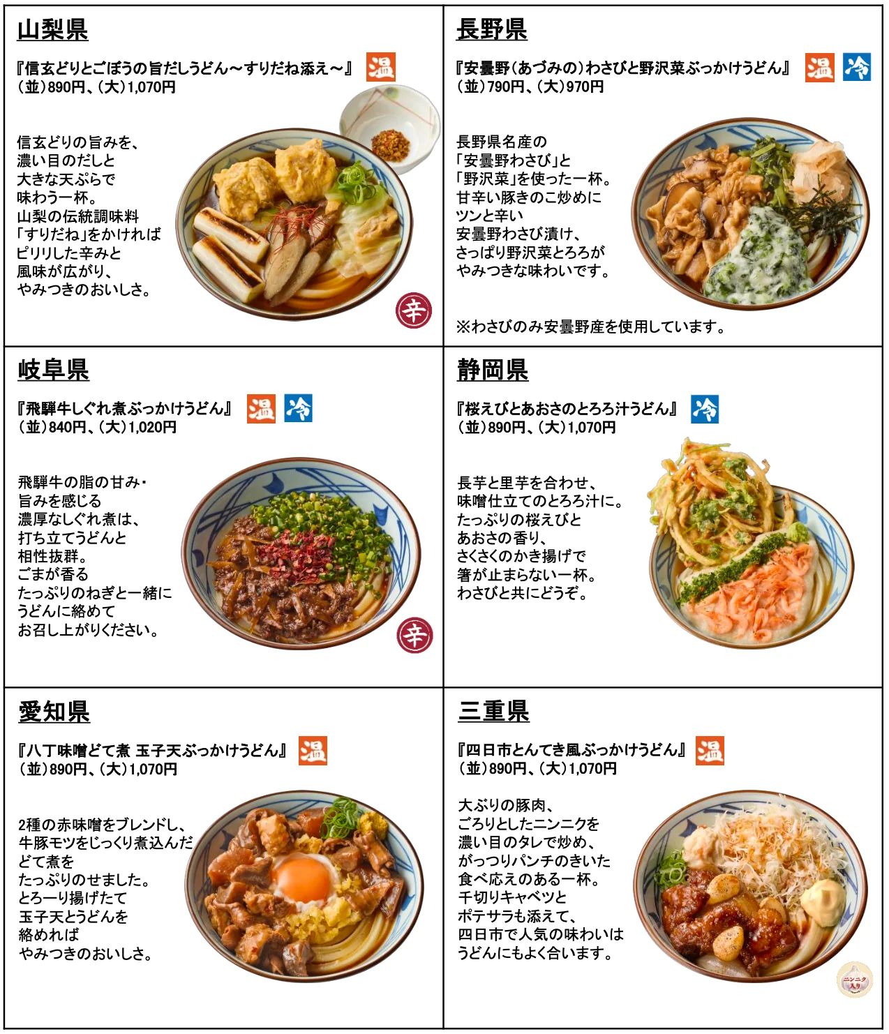 山梨県、長野県、岐阜県、静岡県、愛知県、三重県の「わがまちうどん47」商品一覧