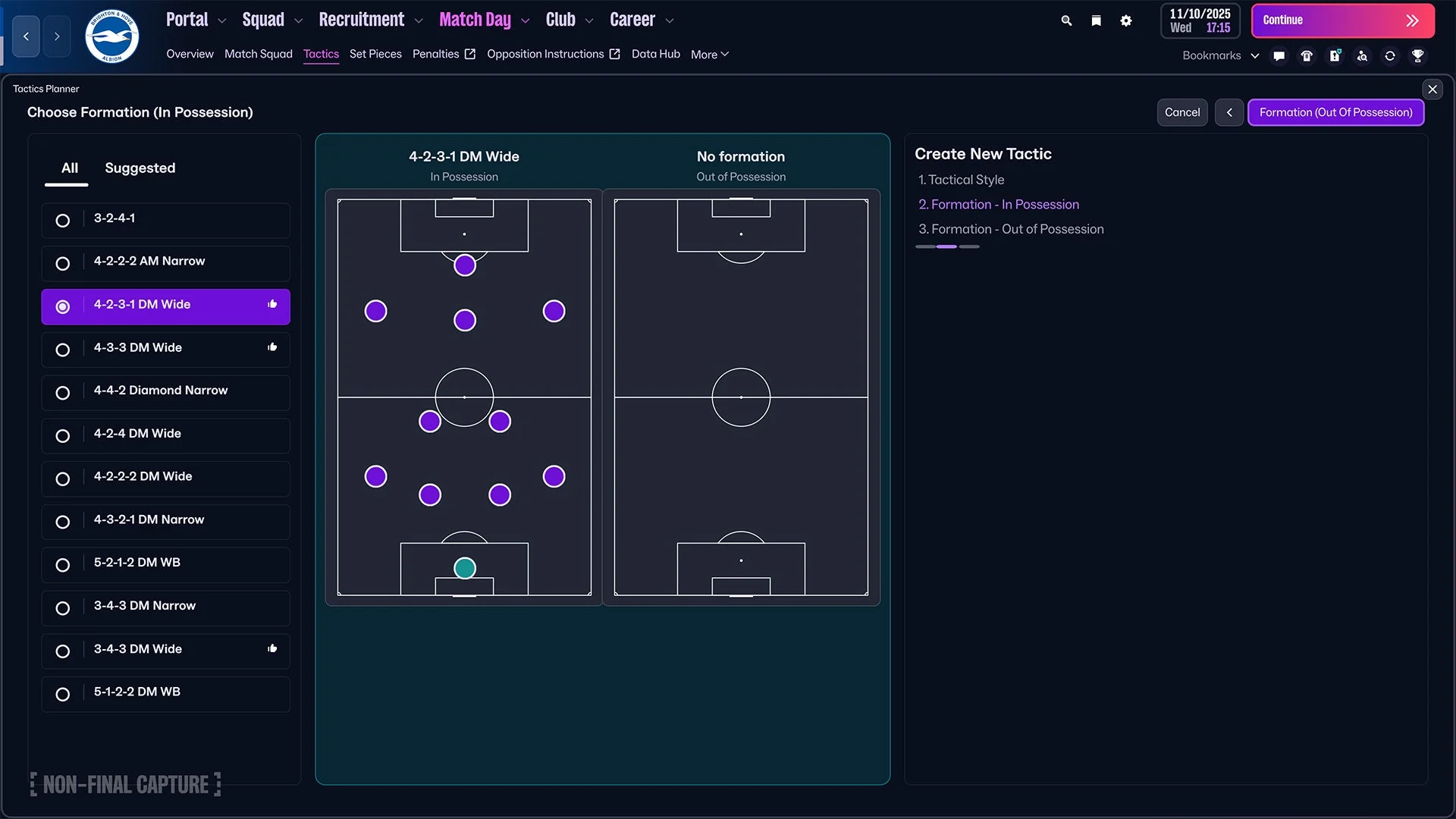 『Football Manager 26』の戦術設定画面UI