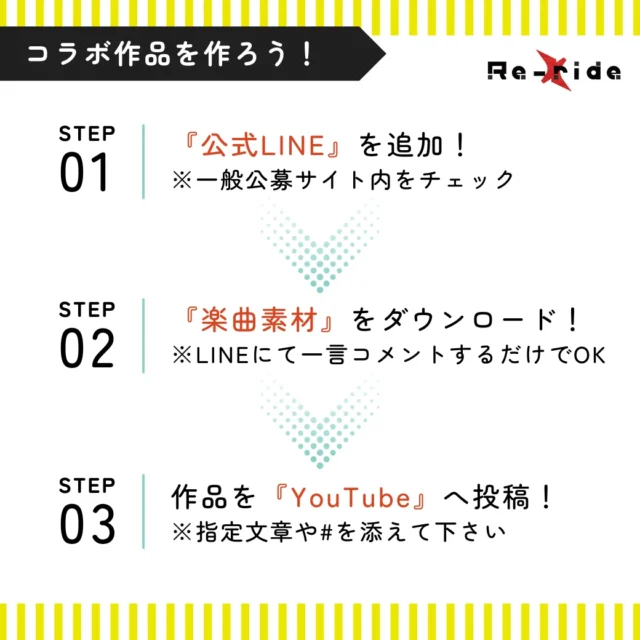Re-rideプロジェクトの参加方法（公式LINE追加、素材ダウンロード、YouTube投稿）