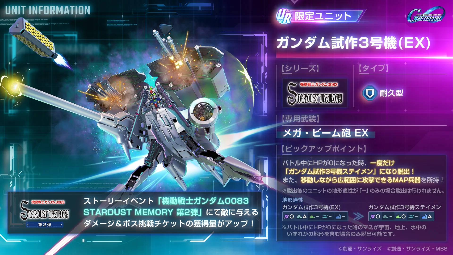 ピックアップガシャUR限定ユニット「ガンダム試作3号機(EX)」の性能情報