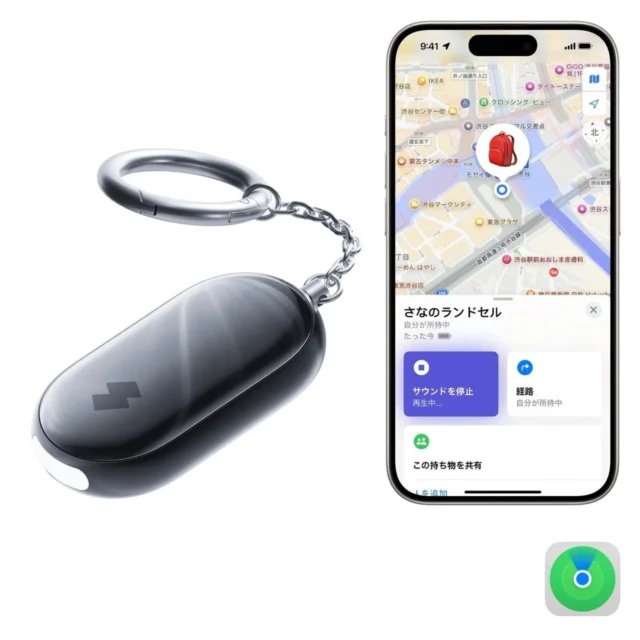 防犯ブザー本体とiPhoneの「探す」アプリ画面