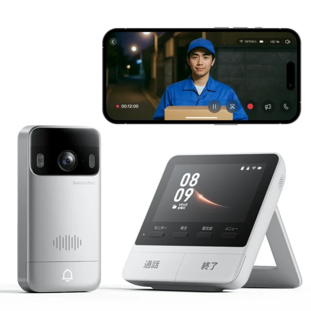 スマートテレビドアホン本体とモニター、スマホでの来客対応画面