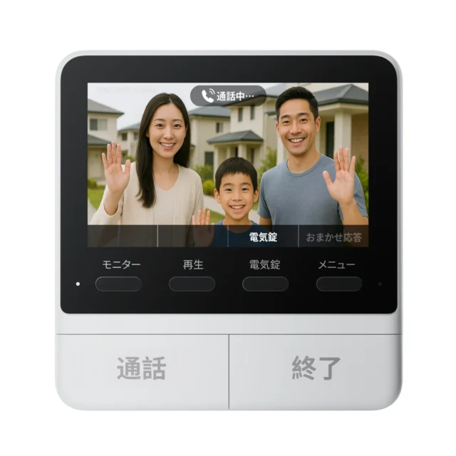スマートテレビドアホン拡張モニターで来客対応する家族の様子