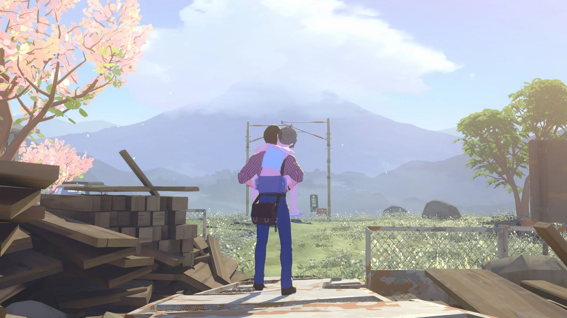 ユージンが少女を背負って山へ向かうゲームシーン