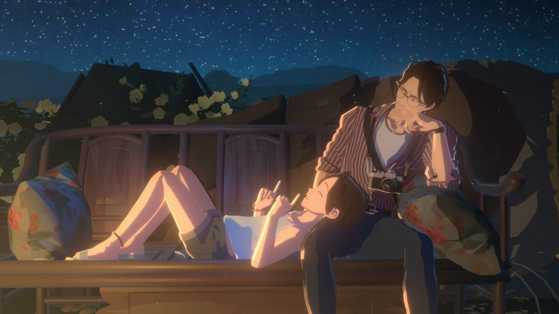 夜空の下でユージンと少女が座るゲームシーン