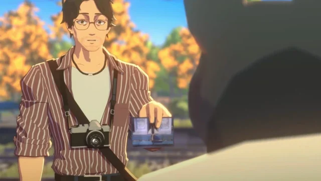 ユージンが神霊に写真を見せているゲームシーン