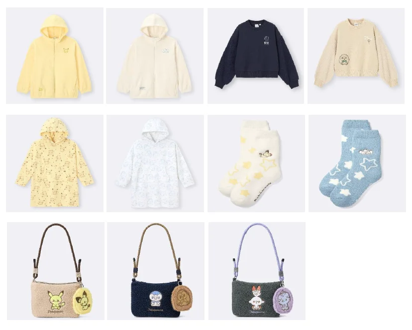 ジーユー「ポケピース」コレクションのウィメンズ商品ラインナップ。ボアジャケット、スウェット、ワンピース、ルームソックス、バッグ。