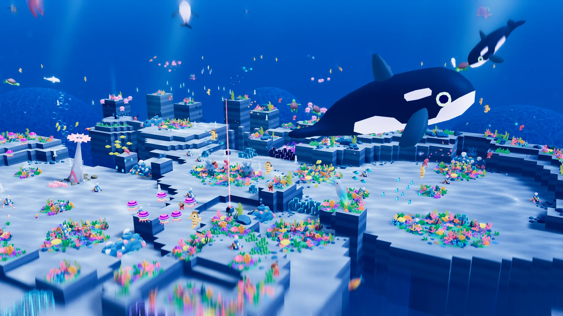 除染が進みクジラやカラフルな魚が回遊する美しい海のゲーム画面