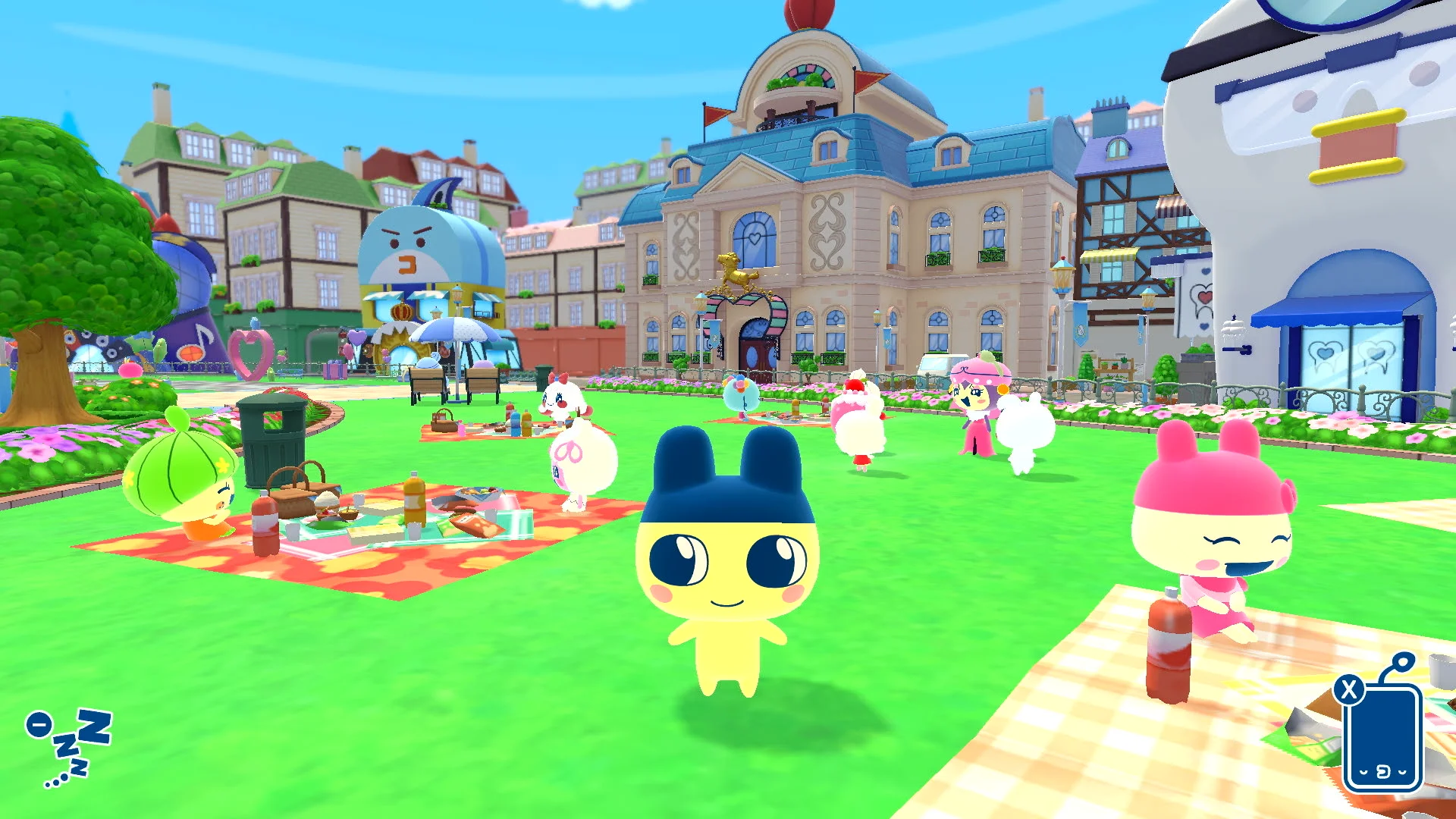 『たまごっちのプチプチおみせっち』のゲーム画面(街の公園で遊ぶたまごっち)