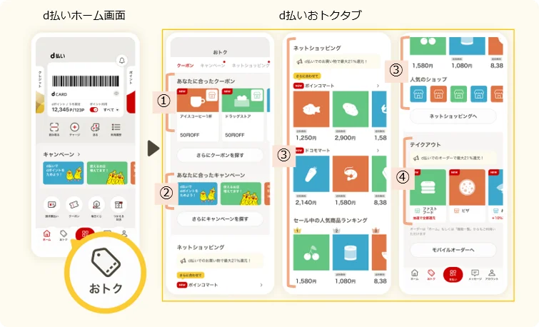 d払いアプリおトクタブのクーポン、キャンペーン、ネットショッピング、テイクアウトのコンテンツ詳細