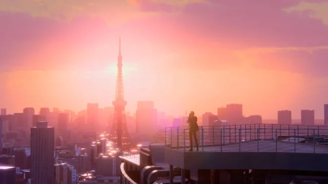 東京の街並みを一望するキャラクター。夕焼けに染まる空。